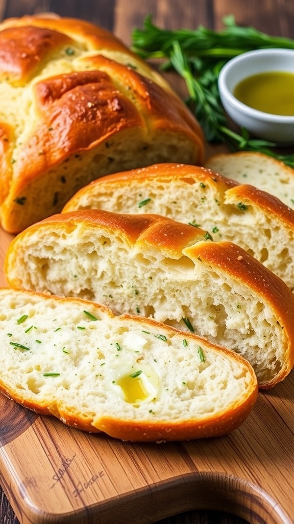 A golden brown loaf of Parmesan herb yeast bread sliced on a wooden board with herbs and olive oil.